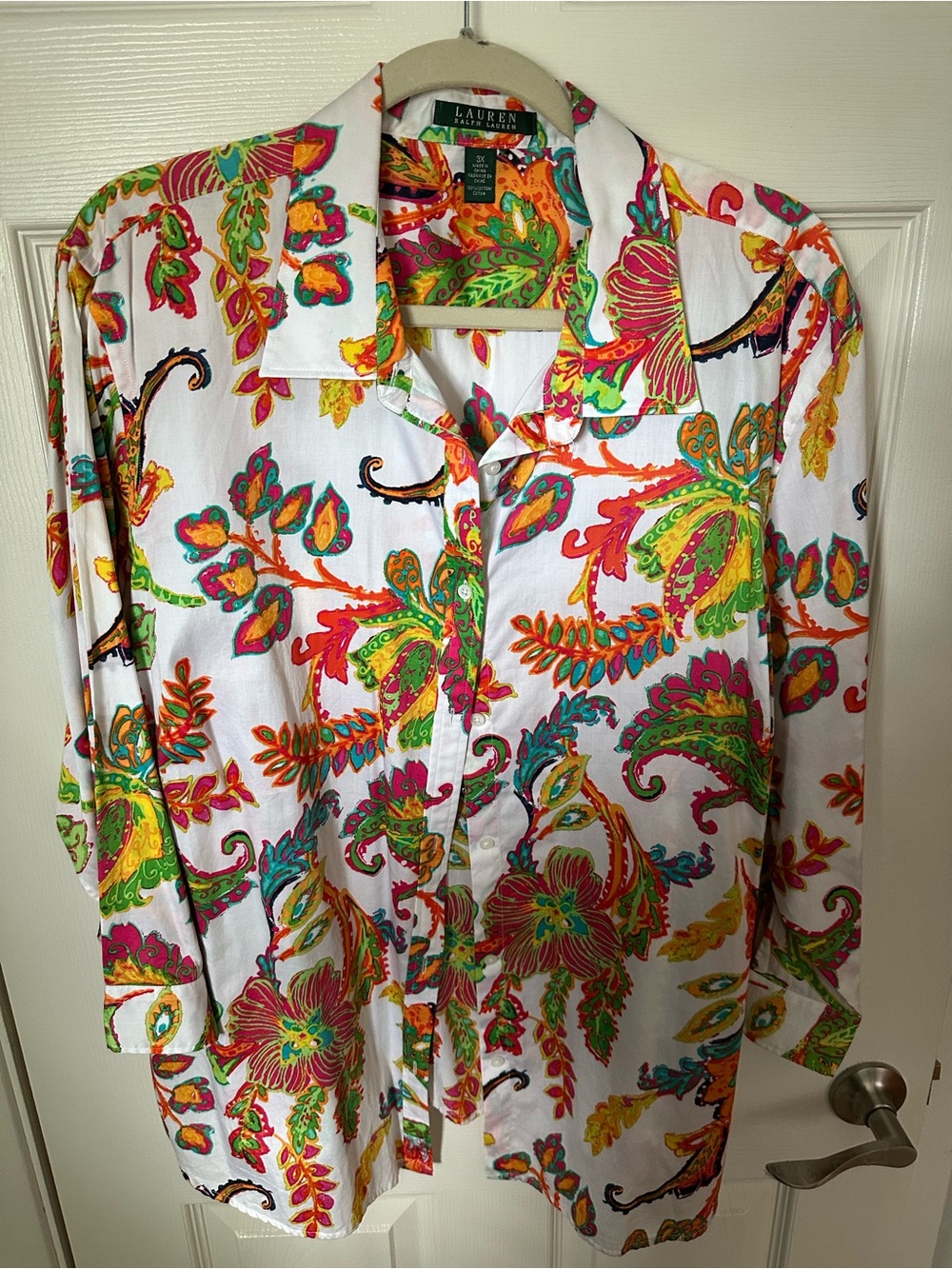 Ralph Lauren White Button-Up Shirt with Bright Green Pink Orange Yellow Paisley